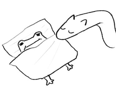 Snake tucking in frog by Moya